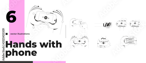 Various phone gestures line neo brutalism tutorial graphic pack. Media playback. Cellphone touchscreen interactions. Smartphone features. App UI design. Black and white flat illustration collection