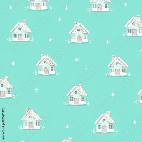 Cute Watercolor House Pattern on Mint Background