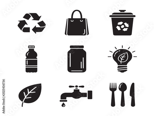 Set of eco-friendly recycling and sustainability icons in line style vector illustration