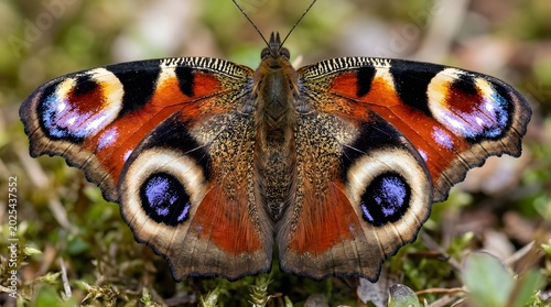 Colorful Peacock Butterfly Resting with Spread Wing on Mossy Ground