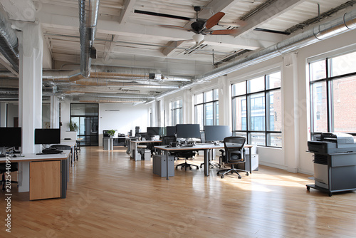 Expansive office interior featuring desks, chairs, and large windows. The space has exposed ceilings and beams. Light wood flooring