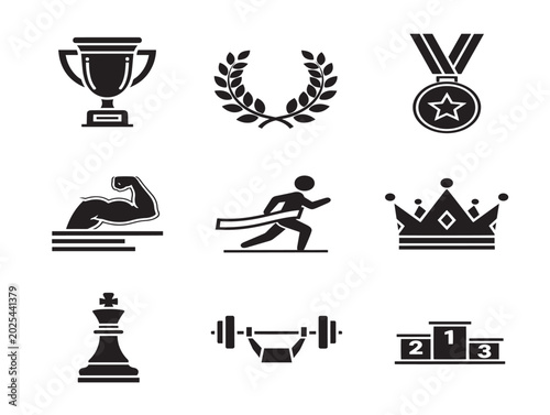 Competition achievement awards vector line illustration with sports and royalty icons