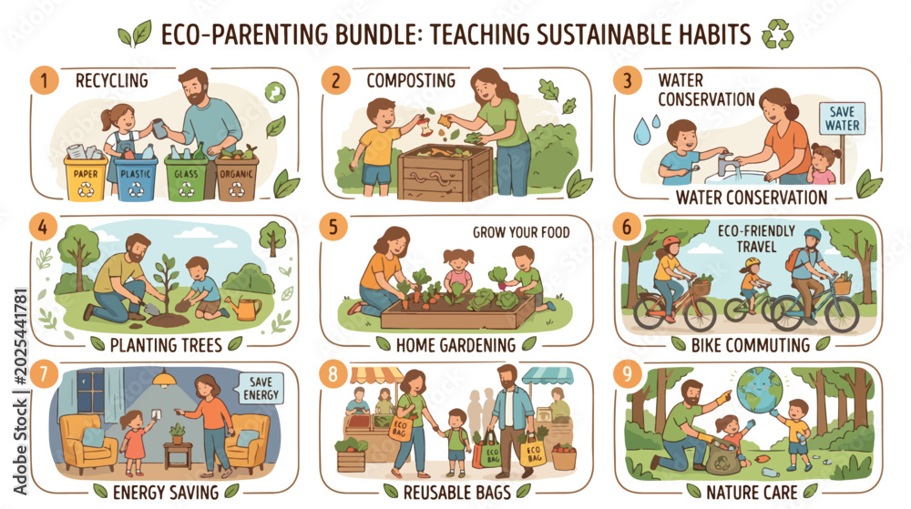 Fototapeta premium Illustrated eco-parenting bundle teaching sustainable habits on World Environment Day with a colorful and educational flat lay composition