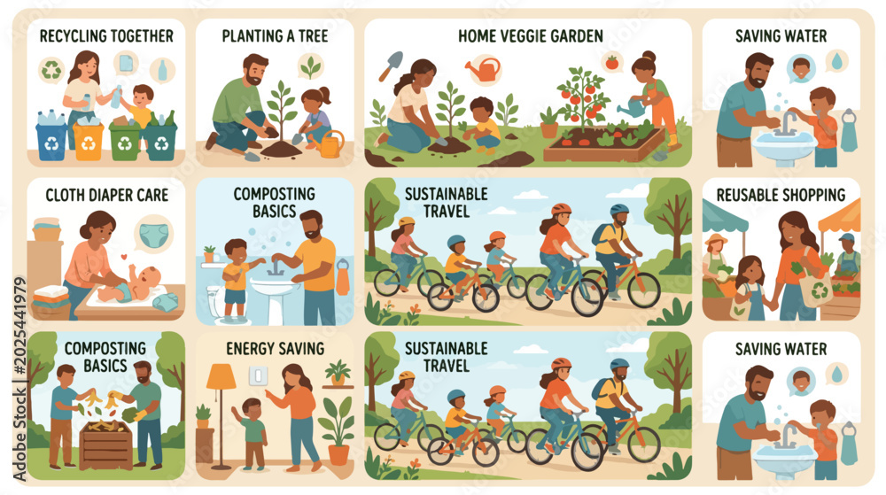 Fototapeta premium Infographic illustration of diverse eco-friendly activities for World Environment Day with people recycling, planting trees, gardening, and conserving water