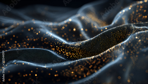 Close-up of undulating, dark fabric with shimmering golden particles sprinkled across its surface, creating a dreamy, blurred effect