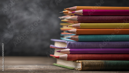 Close-up of stacked colorful pencils resting on top of a pile of books against a chalkboard background, signifying knowledge