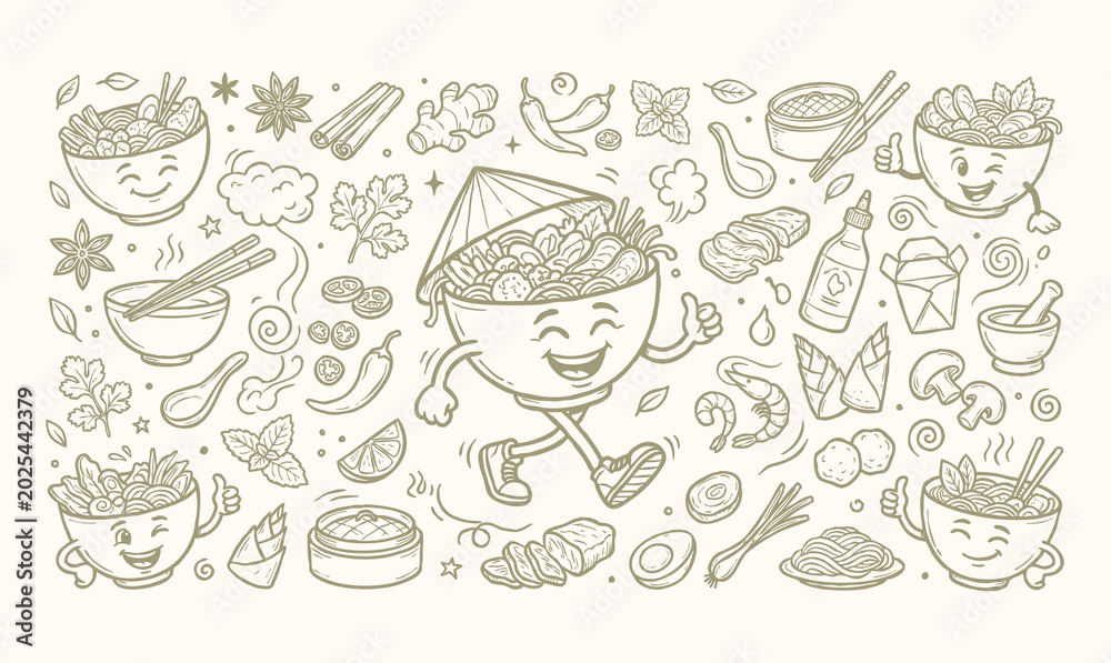 Fototapeta premium Pho-inspired fusion bowls. Vintage Vietnamese Pho Noodle Soup Mascot and Asian Fusion Culinary Cooking Ingredients Doodle Set.