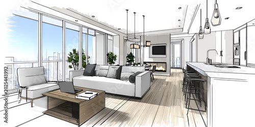 An airy, modern living space sketched with light tones. Features a living area with large windows, and a kitchen with bar stools