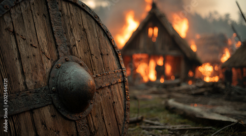 A wooden shield stands sentinel as flames engulf a village's buildings, with smoldering wreckage and destruction prevalent