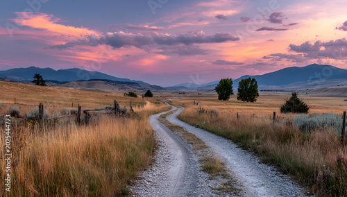 A winding dirt road leads through a dry meadow toward a distant mountain range. The sky is painted with sunset hues