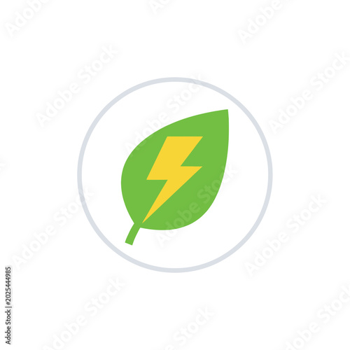 Bild auf Leinwand Green Energy Leaf Symbol, Plant Shape With Lightning Bolt Inside Circle, Modern