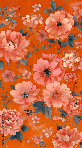 A vibrant orange backdrop showcases a floral arrangement featuring large, layered blooms and delicate smaller blossoms, painted elegantly