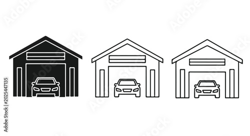 Set of three simple garage door illustrations in black, white, and outline styles for architectural or construction