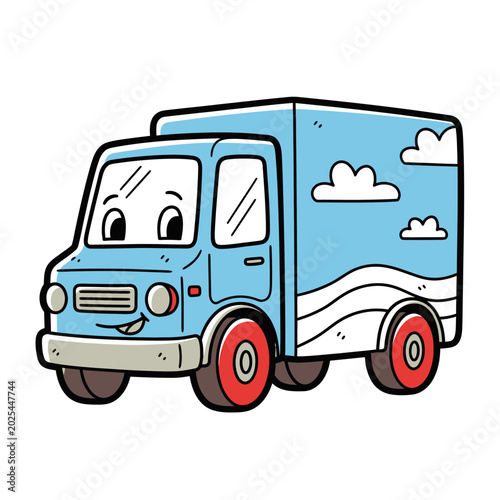 Cartoon delivery truck with smiling face and blue colors vector illustration