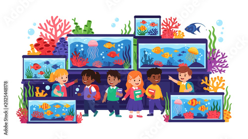 Konstfotografi Children's Aquarium Visit: A group of diverse children excitedly explore a vibrant aquarium, marveling at colorful fish, jellyfish, and coral displays, fostering curiosity and a love for marine life