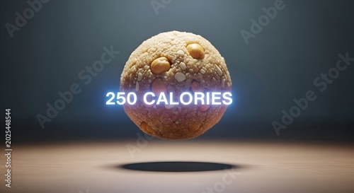 A single cookie with the text 250 calories glowing in neon blue light