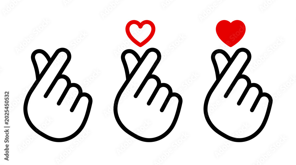 Fototapeta premium Korean Finger Heart Hand Gesture Icon Set with Cute Mini Love Hearts Line Art K-Pop Romantic Body Language Symbols Vector Illustration