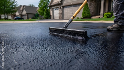 Driveway asphalt sealing with brush application on residential road showing pavement maintenance repair waterproof coating and home improvement work
