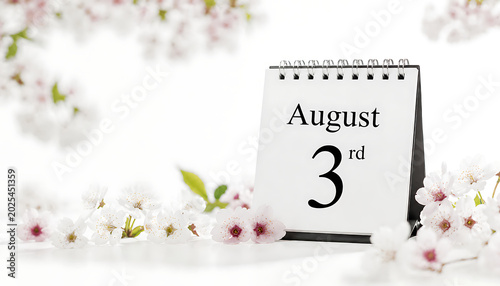 August 3rd reminder on a calendar with blooming white cherry blossoms in soft focus