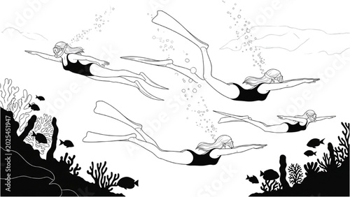 Obraz na płótnie Scuba divers explore ocean floor with 2D CAD designed equipment and coral reefs