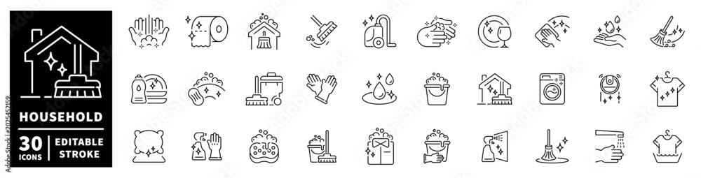 Fototapeta premium Collection of household cleaning and hygiene icons for home maintenance tasks