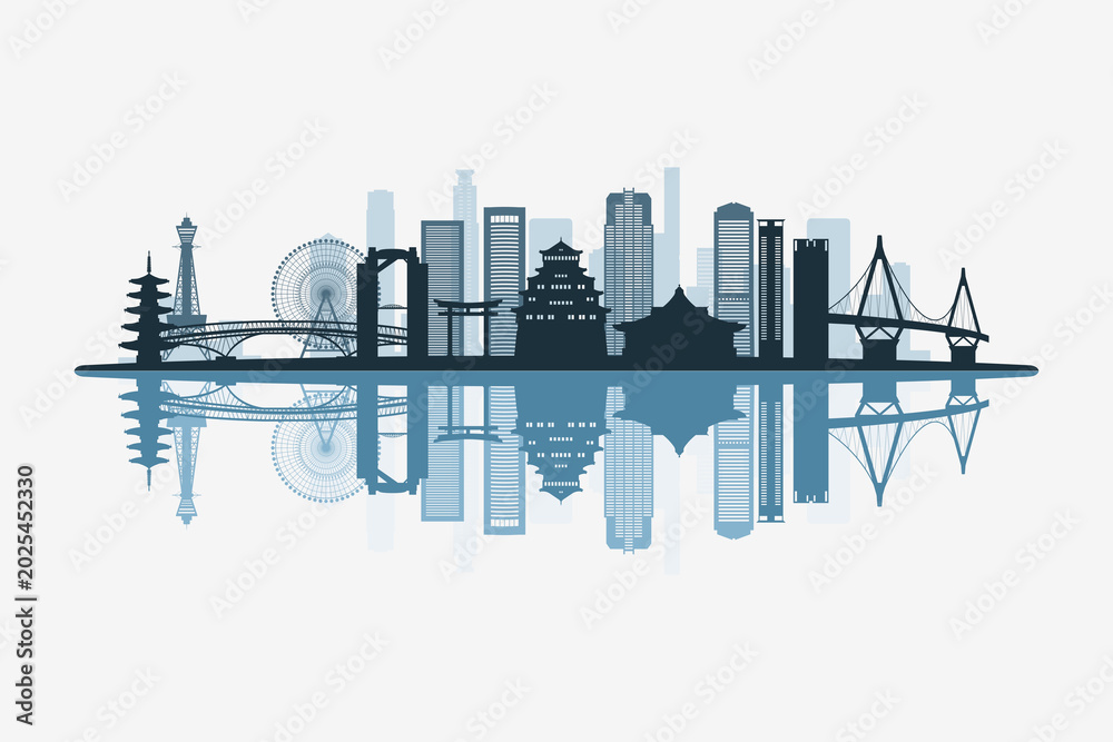 Fototapeta premium Osaka, Japan skyline silhouette with modern landmarks reflection on white background in minimalist style.