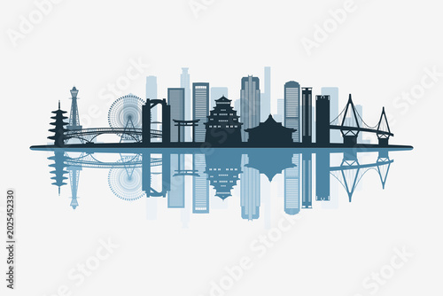 Foto Osaka, Japan skyline silhouette with modern landmarks reflection on white background in minimalist style