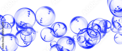 Bilde på lerret Floating blue bubbles on white background, transparent soap spheres in motion, a