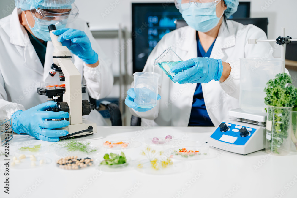 Fototapeta premium Female nutritionist in lab coat analyzing food and writing in notebook. Healthy eating, organic testing, and nutrition science