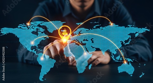 Digital world map displaying global business connections and supply chain logistics