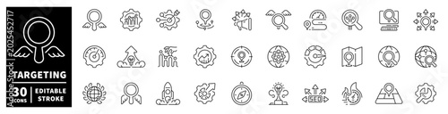 Collection of targeting and SEO icons with a magnifying glass and wings