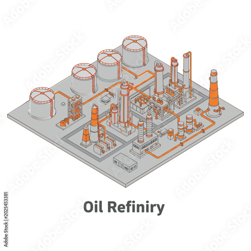 Tableau sur toile Oil Refinery Complex Featuring Crude Distillation Units, Reactors, Pipe Racks An
