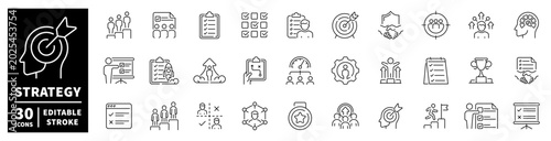 Collection of strategy and business icons representing planning, goals, and teamwork