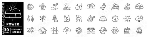 Collection of renewable energy and power icons with editable stroke