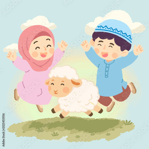 Happy Muslim kids jumping and celebrating Eid al-Adha with a cute little sheep