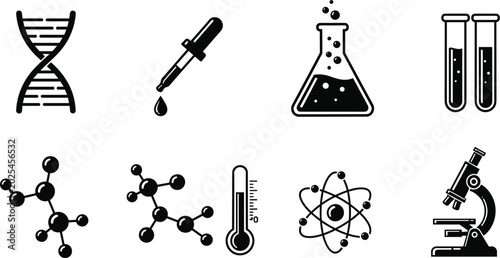 Scientific laboratory vector icon collection featuring genetics chemistry microscopy and biomedical research equipment illustrations