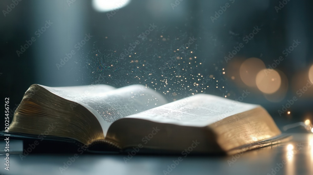 Fototapeta premium Open book inviting spiritual reading and study with golden light shining through window leaves green