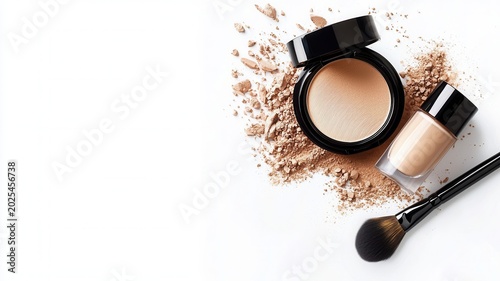 Various cosmetic products including liquid foundation, pressed powder, loose powder, and beauty routine for brushes
