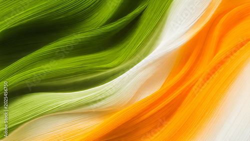 A flowing abstract fabric texture, inspired by saffron, white, and green, with a soft gradient and smooth transitions, represents the venerable culture of the tricolor.