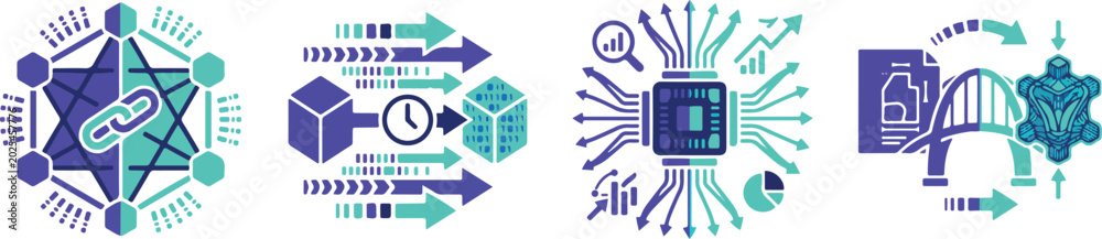 Naklejka premium Data science and digital network icons representing blockchain chip architecture and structural integrity assessment.