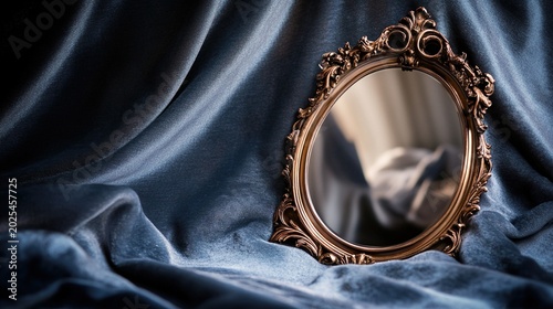 tarnished. An antique tarnished copper mirror reflecting a distorted room image. real-estate listings, architecture portfolios, designed for architectural facade and classical detail presentations.