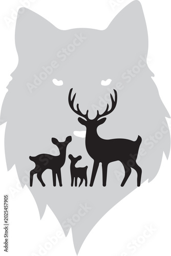 Canvas Print Deer Family Silhouette with Wolf Head Background – Wildlife Double Exposure Vect