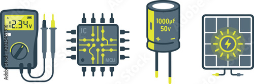 Foto Electrical measuring tools set showing multimeter microprocessor capacitor and solar energy power panel grid components