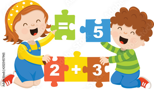 Cute Kids Solving Math Addition Problem With Puzzle Pieces