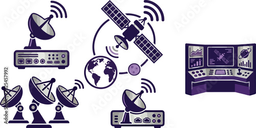 Foto Global satellite communication icons showing signal transmission monitoring stations earth orbital and radar tracking