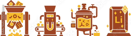 Fotografía Lithium battery recycling and electronic waste processing icons showing metal extraction and mineral refining equipment