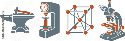 Foto Material science and laboratory testing icon set with blacksmith anvil hardness tester molecular structure microscope
