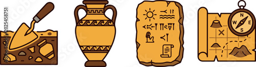Schilderij op canvas Set of archaeology icons featuring excavation tools pottery artifacts stone tablets and vintage cartography equipment