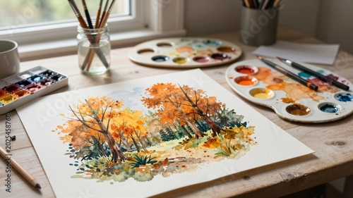 Aesthetic watercolor painting art studio