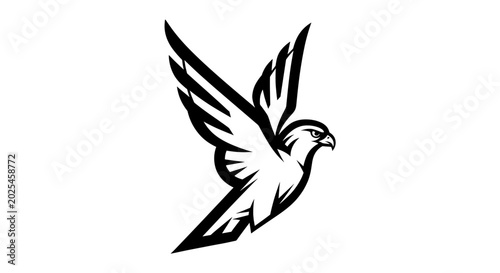 Slika na platnu Stylized black and white illustration of a hawk or falcon in flight with wings spread, a powerful bird graphic
